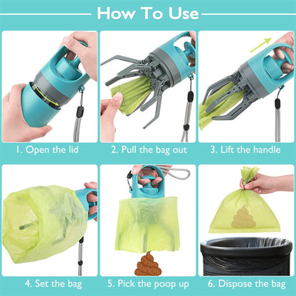 Dog Pooper Scooper With Built-in Poop Bag Dispenser Eight-claw Shovel Portable Lightweight